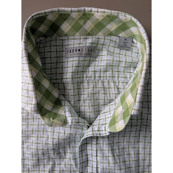 Jack Stone by Thomas Dean Dress Shirt Men's Size XL Green Plaid Patterned Cuff - Picture 11 of 16